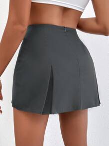 SHEIN PETITE Zip Back Fold Pleated Skirt - Dark Grey - View 2