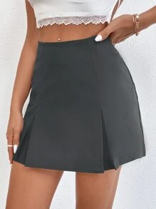 SHEIN PETITE Zip Back Fold Pleated Skirt - Dark Grey - View 4