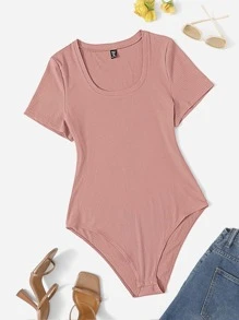 SHEIN EZwear Plus Solid Rib-knit Bodysuit - Dusty Pink - View 1