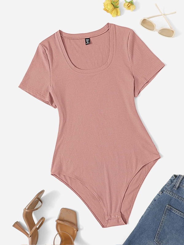 SHEIN EZwear Plus Solid Rib-knit Bodysuit