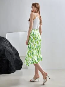 MOTF X Van Gogh INSPIRED 100%真絲飄逸下擺半身裙 - 青檸色 - 查看 3