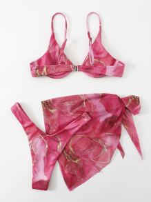 SHEIN Swim 大理石圖案羅紋比基尼套裝鋼圈吊帶文胸和露臀下裝和沙灘裙3入組泳衣 - 彩色 - 查看 4