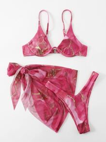 SHEIN Swim 大理石圖案羅紋比基尼套裝鋼圈吊帶文胸和露臀下裝和沙灘裙3入組泳衣 - 彩色 - 查看 6