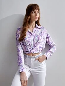 MOTF X MONET INSPIRED Áo sơ mi nữ Nút phía trước Đá hoa Giải trí - Màu tím - Xem 2