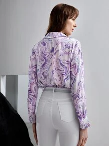 MOTF X MONET INSPIRED Áo sơ mi nữ Nút phía trước Đá hoa Giải trí - Màu tím - Xem 3