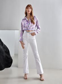 MOTF X MONET INSPIRED Áo sơ mi nữ Nút phía trước Đá hoa Giải trí - Màu tím - Xem 7