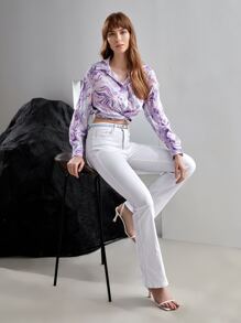 MOTF X MONET INSPIRED Áo sơ mi nữ Nút phía trước Đá hoa Giải trí - Màu tím - Xem 8