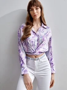 MOTF X MONET INSPIRED Áo sơ mi nữ Nút phía trước Đá hoa Giải trí - Màu tím - Xem 9