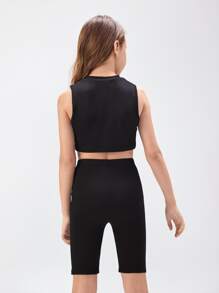 SHEIN Girls Solid Crop Tank Top & Cycling Shorts Set - Black - View 2