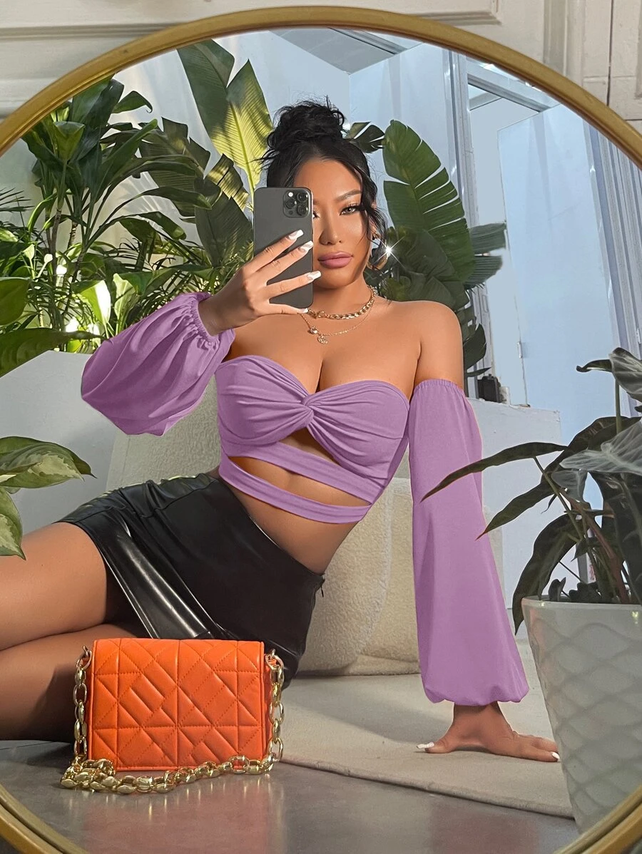SHEIN SXY Off Shoulder Twist Front Cut Out Crop Top - Purple - View 1