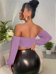 SHEIN SXY Off Shoulder Twist Front Cut Out Crop Top - Purple - View 2