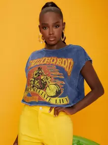 SHEINNeu 圖形和字母圖形上衣 - 藍色 - 查看 1