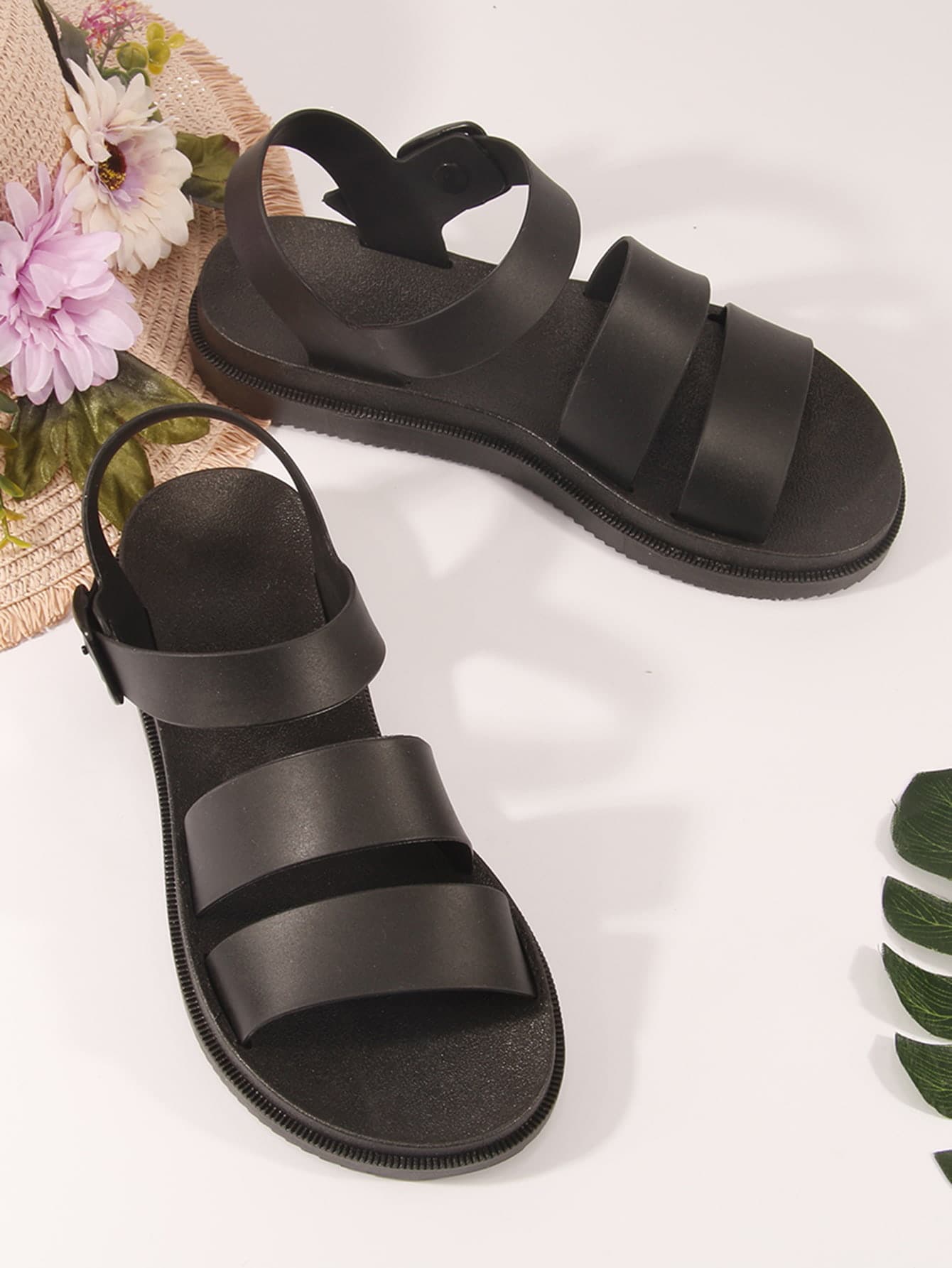 Xăng đan nữ có khóa trang trí, Xăng đan quai ngang mắt cá chân màu đen thời trang - màu đen - Xem 1