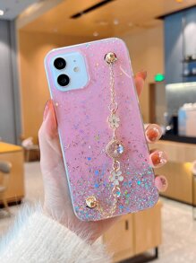 1pc Glitter Starry Sky Rhinestone & Drop Gel Handheld Phone Case With Wrist Strap Compatible With IPhone 15 Pro Max - Pink - View 1