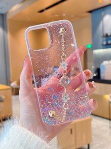 1pc Glitter Starry Sky Rhinestone & Drop Gel Handheld Phone Case With Wrist Strap Compatible With IPhone 15 Pro Max - Pink - View 4