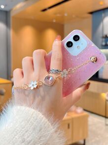 1pc Glitter Starry Sky Rhinestone & Drop Gel Handheld Phone Case With Wrist Strap Compatible With IPhone 15 Pro Max - Pink - View 5