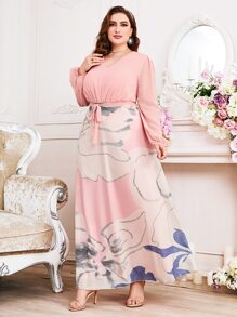 Vestido de color combinado con estampado floral con cinturón de gasa - Rosa Pálido - Ver 1