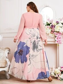 Vestido de color combinado con estampado floral con cinturón de gasa - Rosa Pálido - Ver 2