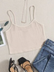 SHEIN EZwear Top de tirantes corto tejido de canalé - Beis - Ver 1