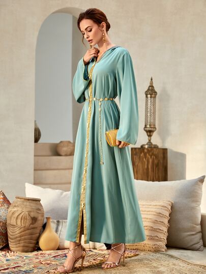 Al Najma Contrast Sequins Pearl Beaded Tape Djellaba,Modest