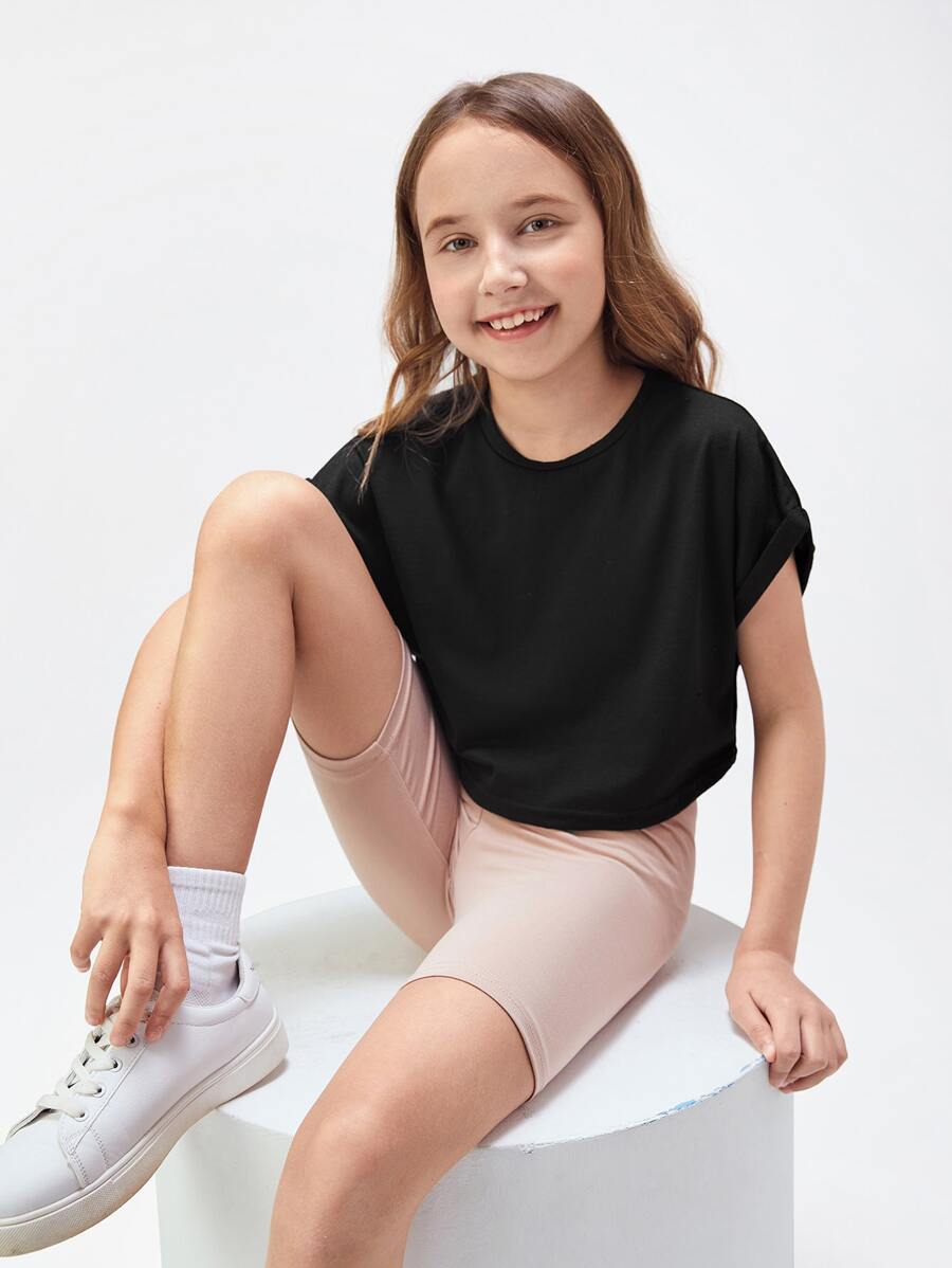 SHEIN Top court à col rond à manches courtes pour filles pré-adolescentes en couleur unie avec revers roulés