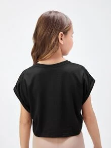SHEIN Top court à col rond à manches courtes pour filles pré-adolescentes en couleur unie avec revers roulés