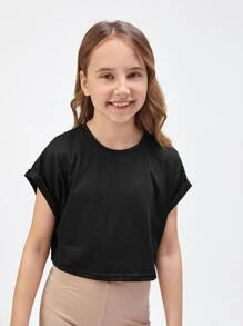 SHEIN Top court à col rond à manches courtes pour filles pré-adolescentes en couleur unie avec revers roulés