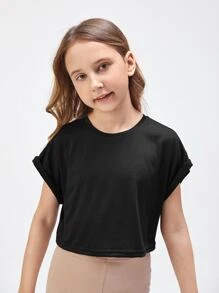 SHEIN Top court à col rond à manches courtes pour filles pré-adolescentes en couleur unie avec revers roulés