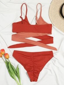 Colorblock Twist Bikini For Summer Beach - Red - View 5