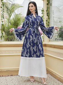 Al Najma Plant Print Pompom Trim Trumpet Sleeve Notched Neck Belted Dress - Blue and White - View 1
