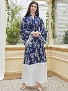 Al Najma Plant Print Pompom Trim Trumpet Sleeve Notched Neck Belted Dress - Blue and White - View 3
