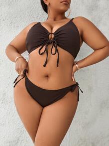 加大碼肋紋針織結繩側比基尼套裝，夏季沙灘 - 咖啡棕 - 查看 2