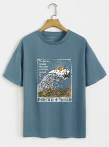 INAWLY Waves And Slogan Graphic Drop Shoulder Tee - Dusty Blue - View 1
