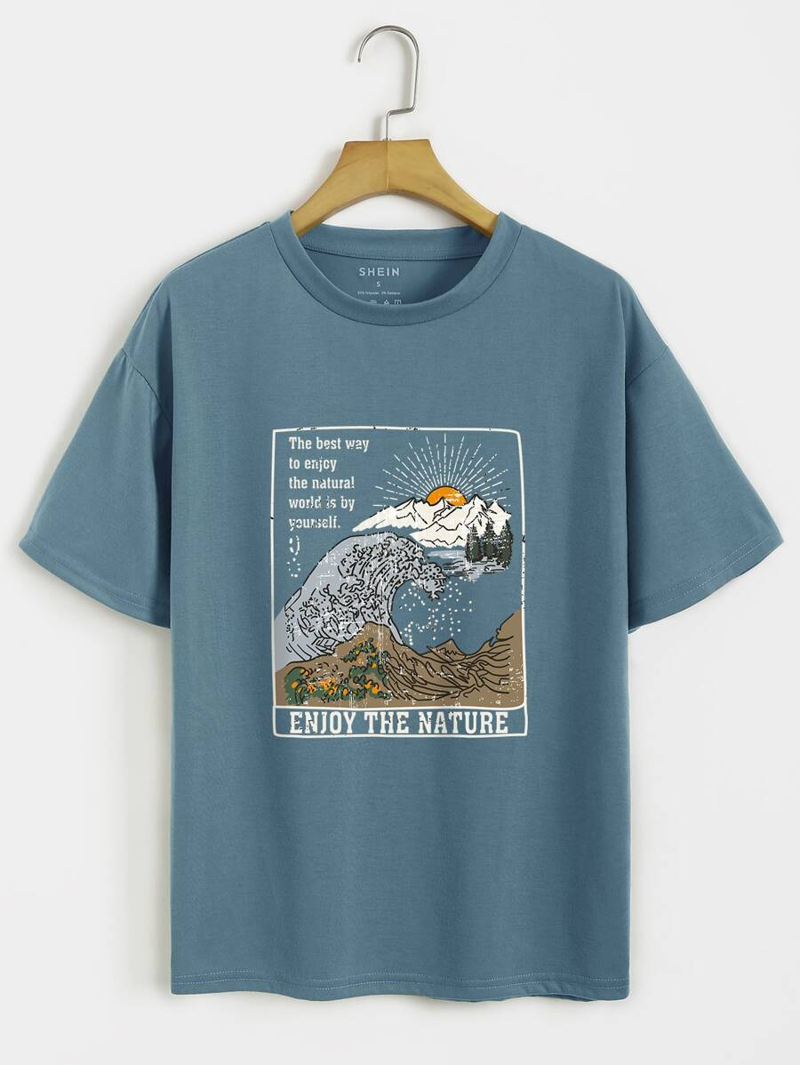 INAWLY Waves And Slogan Graphic Drop Shoulder Tee - Dusty Blue - View 1