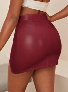 SHEIN SXY Split Hem Leather Look Skirt - Burgundy - View 2