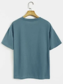 INAWLY Waves And Slogan Graphic Drop Shoulder Tee - Dusty Blue - View 2