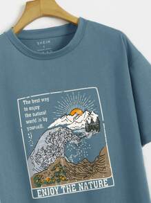 INAWLY Waves And Slogan Graphic Drop Shoulder Tee - Dusty Blue - View 3