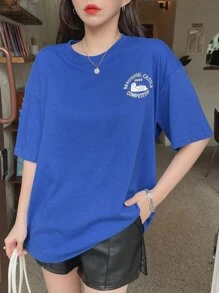 DAZY Áo thun trễ vai có đồ họa xây dựng & chữ cái - Màu xanh lam - Xem 3