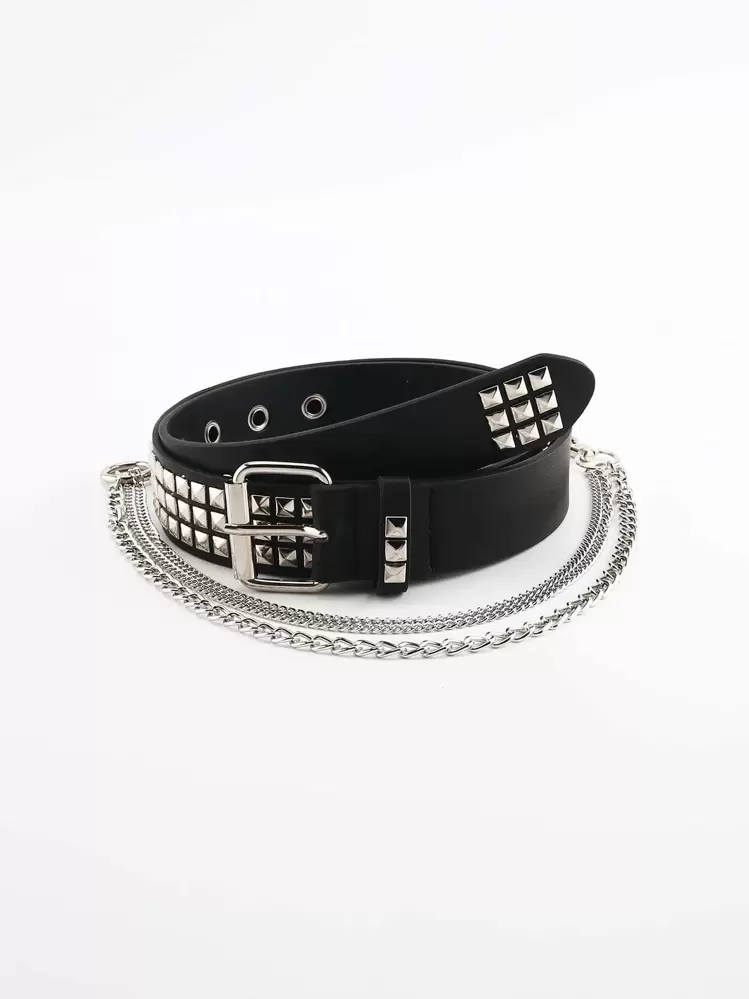 1 pieza Cinturón sexy para mujer con decoración de tachuelas y cadena, ideal para Halloween, San Valentín, verano, escuela, otoño - Negro - Añade 5
