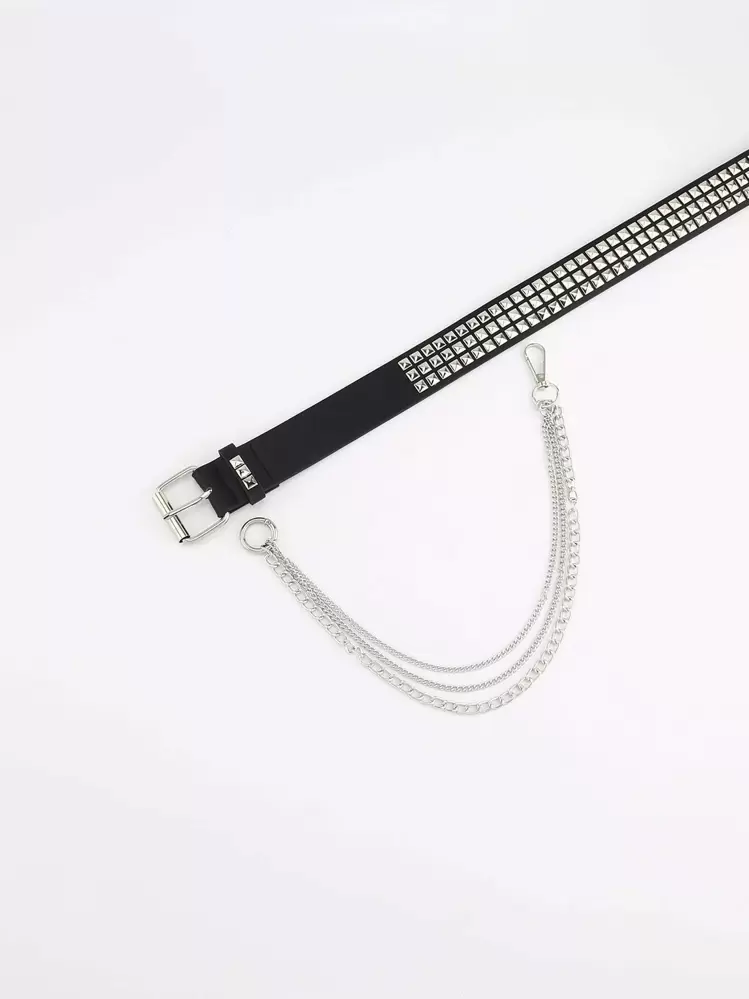 1 pieza Cinturón sexy para mujer con decoración de tachuelas y cadena, ideal para Halloween, San Valentín, verano, escuela, otoño - Negro - Añade 4