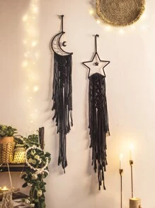 2pcs Handmade Crochet Lace Star Moon Dream Catcher Wall Hanging, Boho Style Home Decor Wall Art, Suitable For Home, Wedding, Living Room, Bedroom, Holiday Gift (Lights Not Included) - Black - View 5