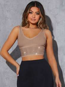 SHEIN SXY Top tank corto tejido de canalé con diseño de diamante de imitación - Caqui - Ver 1