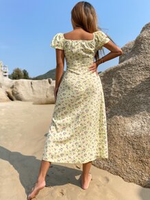 Breezaya 小碎花雞心領口前繫帶高衩連衣裙 - 黃色 - 查看 2