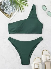Rib One Shoulder Bikini For Summer Beach - Dark Green - View 1