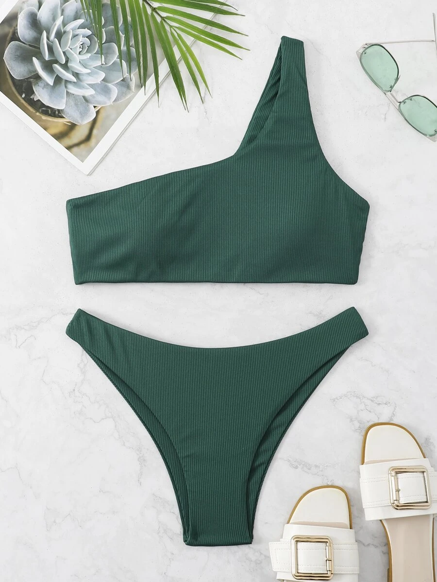 Rib One Shoulder Bikini For Summer Beach - Dark Green - View 1