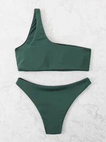 Rib One Shoulder Bikini For Summer Beach - Dark Green - View 2