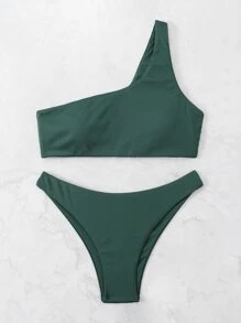 Rib One Shoulder Bikini For Summer Beach - Dark Green - View 3