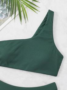 Rib One Shoulder Bikini For Summer Beach - Dark Green - View 4
