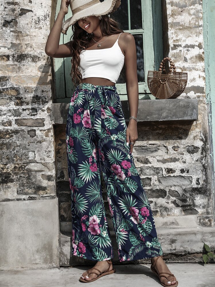 Breezaya Pantalon à imprimé tropical ceinturé - Multicolore - Voir 4