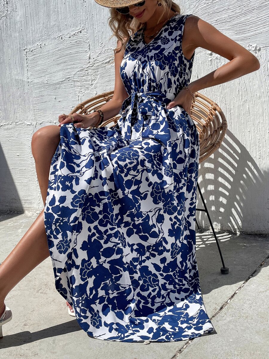 Breezaya Floral Print Belted Dress - Blue and White - View 1